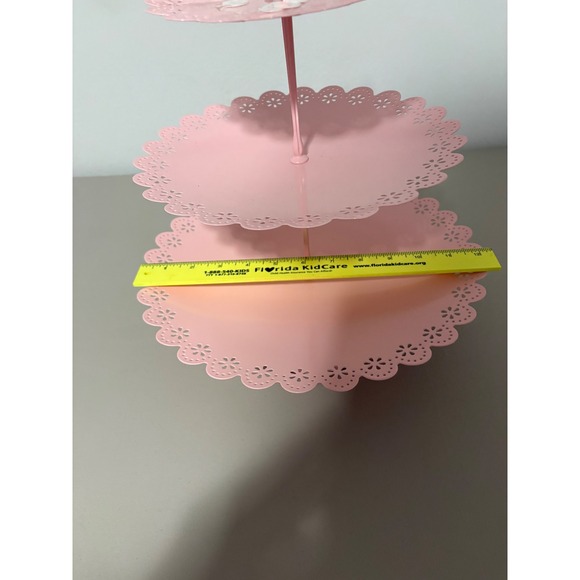 Pink 3 Tier Metal Cupcake Stand Eyelet Lace Scalloped Edge Dessert Tower 16in - Picture 4 of 9